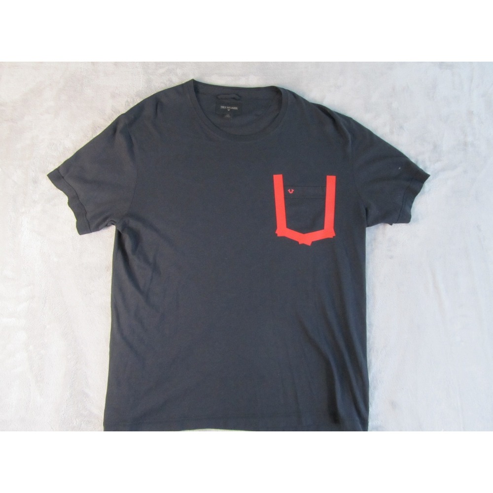 True Religion Mens Charcoal Gray Red Horseshoe Graphic‎ Pocket T-Shirt Size L